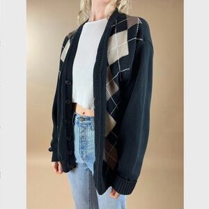 NWOT Vintage VTG 90s Argyle Black Cotton Knit Oversized V-Neck Cardigan - Large
